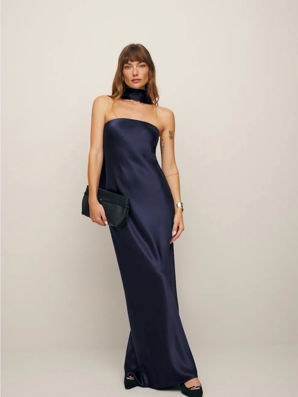 Reformation Strapless Navy Satin Column Gown with Neck Scarf